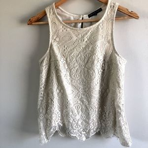 Three Pink Hearts gold shimmer white lace tank top blouse S